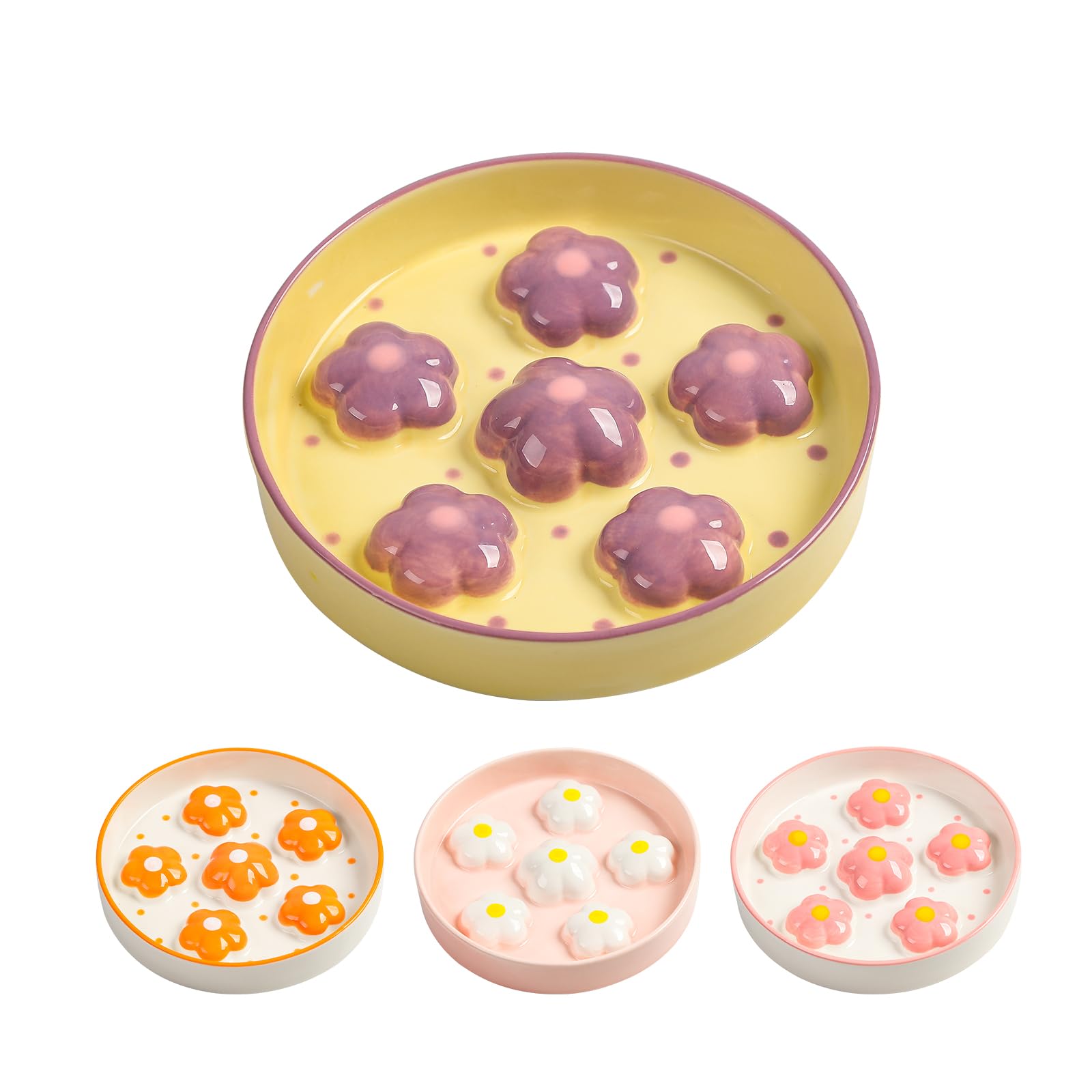 Ciotola Anti Ingurgito Per Gatti In Ceramica - Alimentazione Lenta Con Design A Fiori Gialli, 16x3 Cm - Foto 6