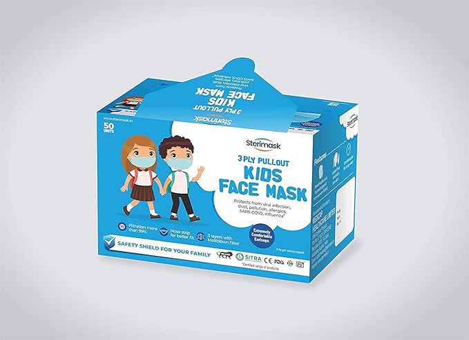 3 Ply Non-Woven Fabric Disposable Face Mask - Sterimask Pull Out Facemask SITR | AFDA Compliance | ISO, CE, EN Certified Face Mask (Blue, Without Valve, Pack of 50) for Kids