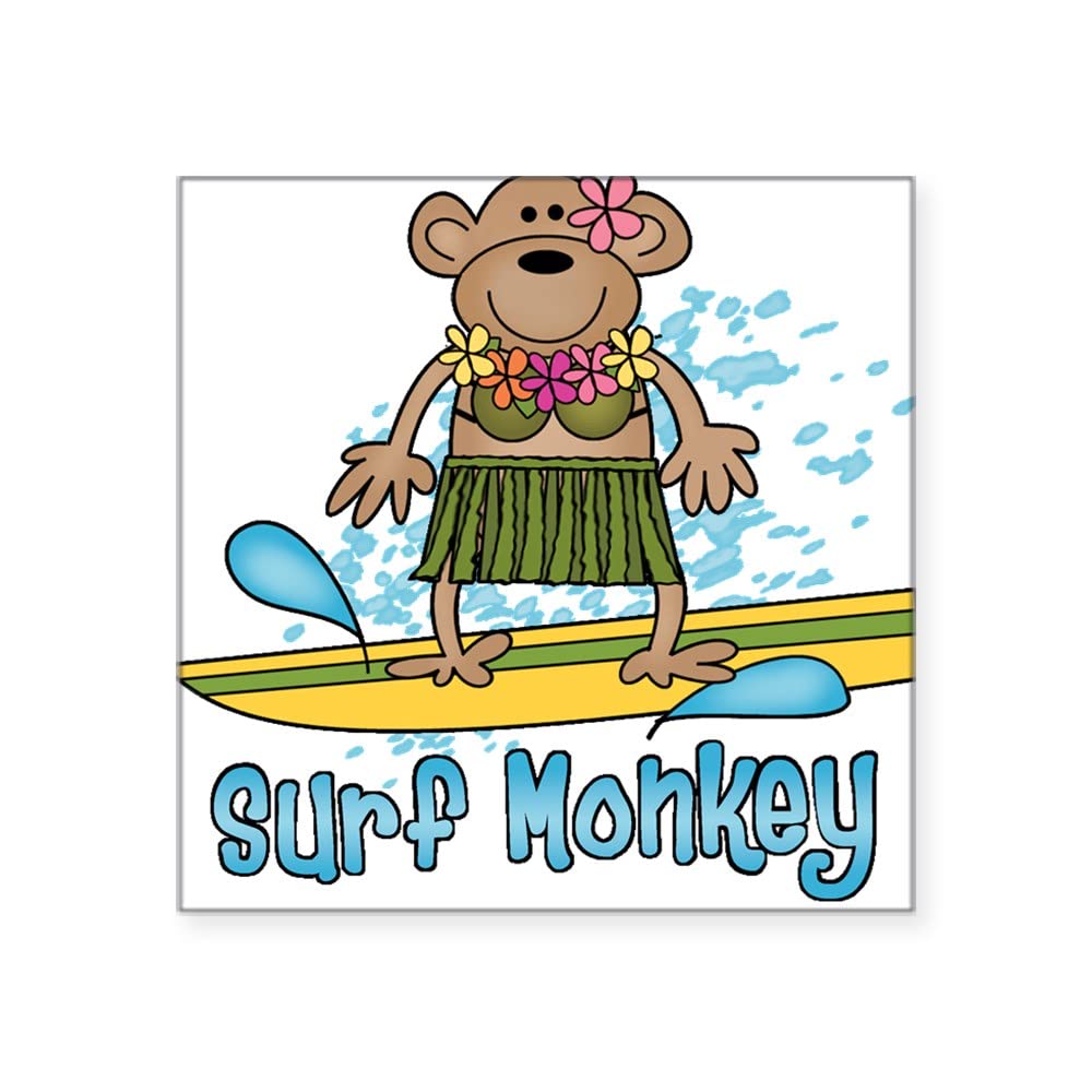 CafePress Surf Monkey (Girl) Square Sticker Square Bumper Sticker Car Decal, 3"x3" (Small) or 5"x5" (Large)