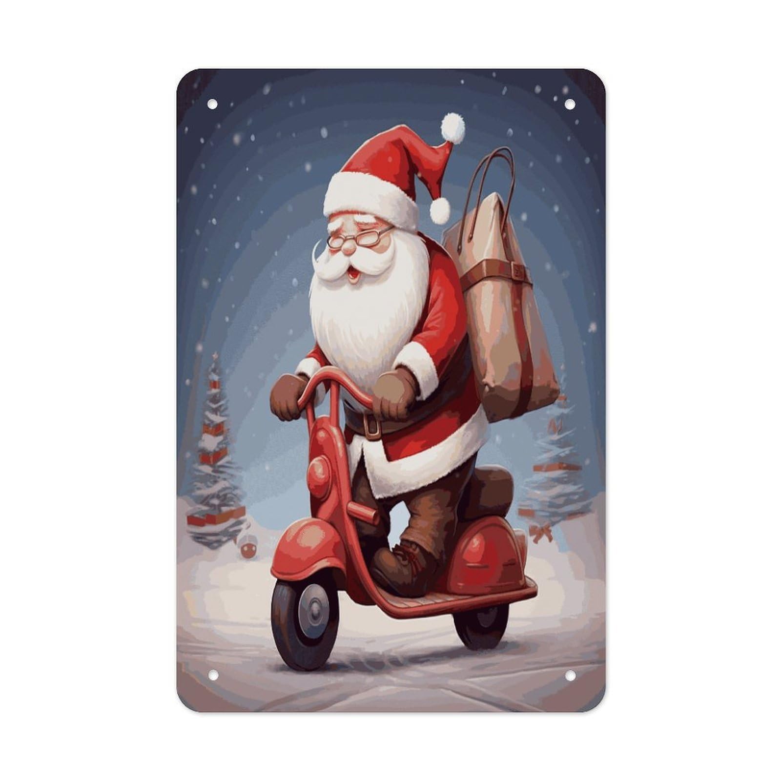 LDGSUPH Santa Claus on Scooter Wall Art Prints Folded Edge Iron Sheet Painting with Holes for Wall Prints Decorative Picture Metal Signboard Decor Painting for Outdoor Indoor Wall Decor