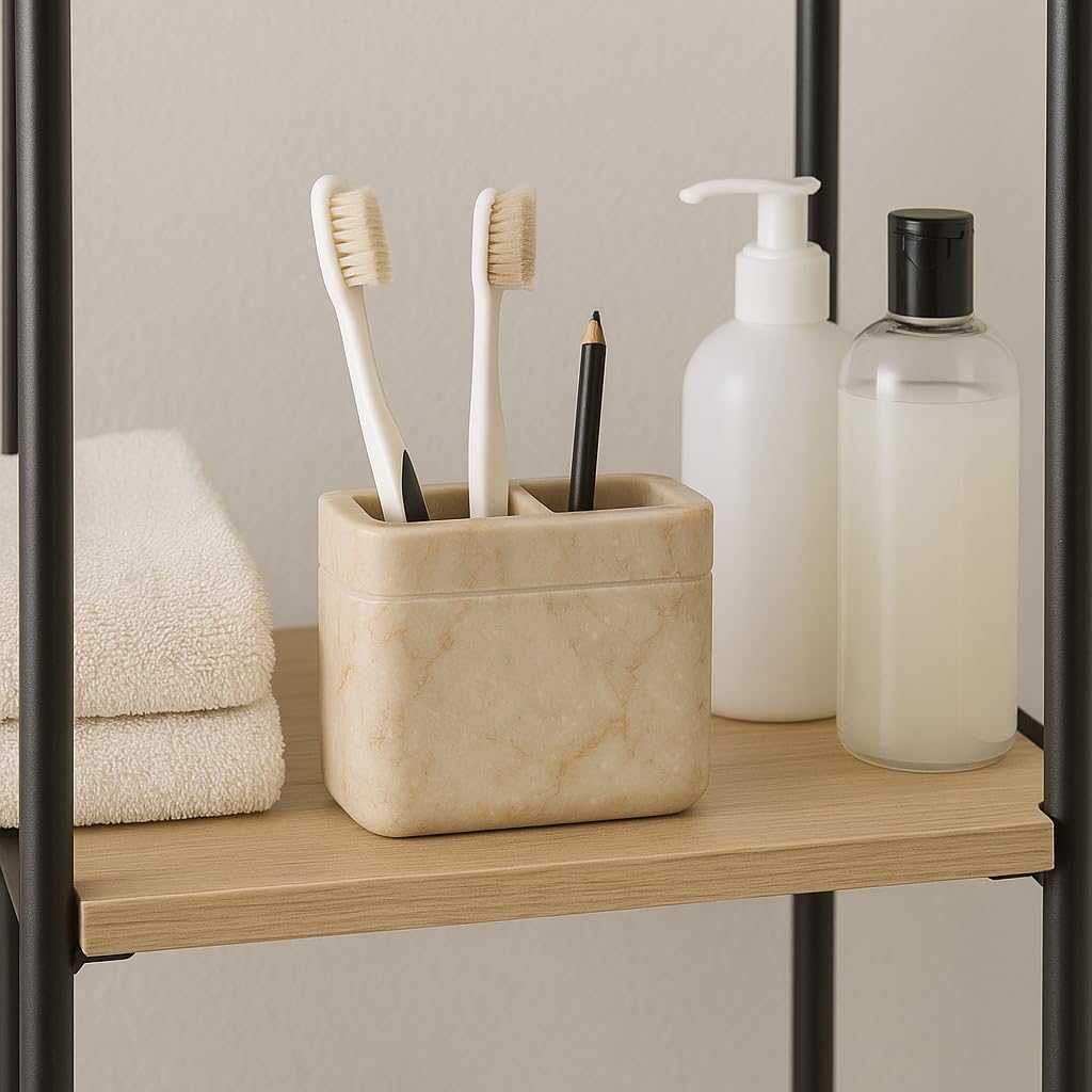 Creative Home Natural Champagne Marble Toothbrush Holder for Bathrooms, Rectangular Bathroom Countertop Organizer, Makeup Brush Holder, 5.5 x 2.6 x 4.5 Inch, Beige