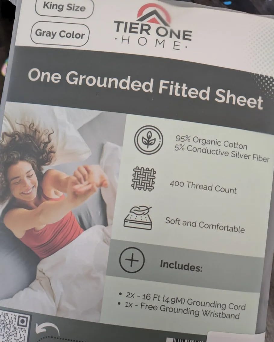 Fitted Grounding Sheets for Earthing, 5% Silver Fiber + 95% Certified Organic Cotton for Better Sleep and Pain Relief. Deep Pockets. Includes Grounding Wristband & Cords