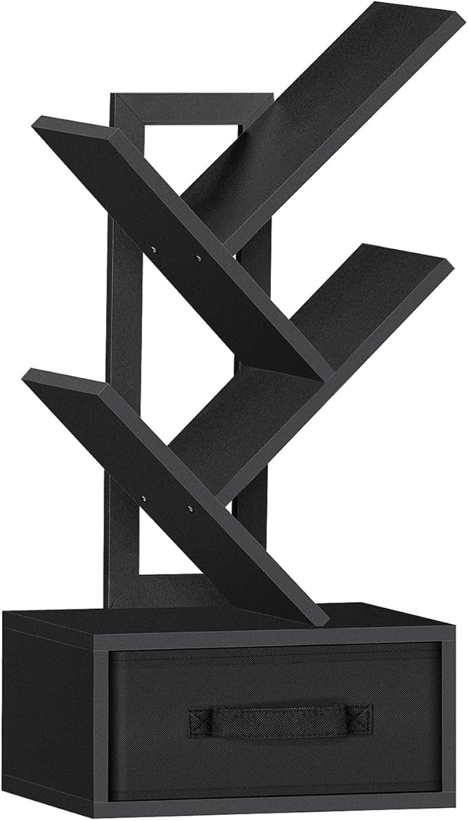 SHEEPAM Small Book Shelf with Drawer,4 Tier Black Tree