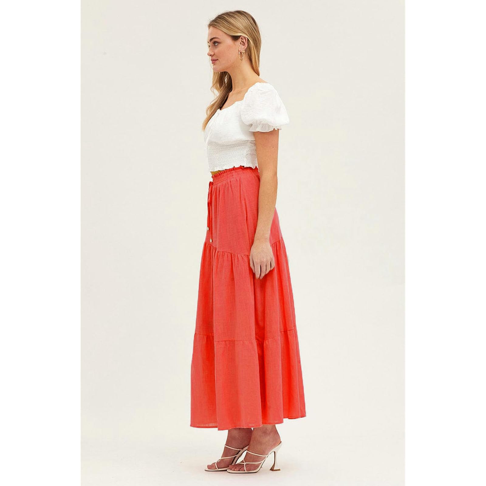 Röcke Damen-Baumwoll- Und Leinenrock Für Frauen-hochtülen Elastische A-Linie-swingrock, Elegantes Und Modisches Design Für Frühling Und Sommer-orange-l