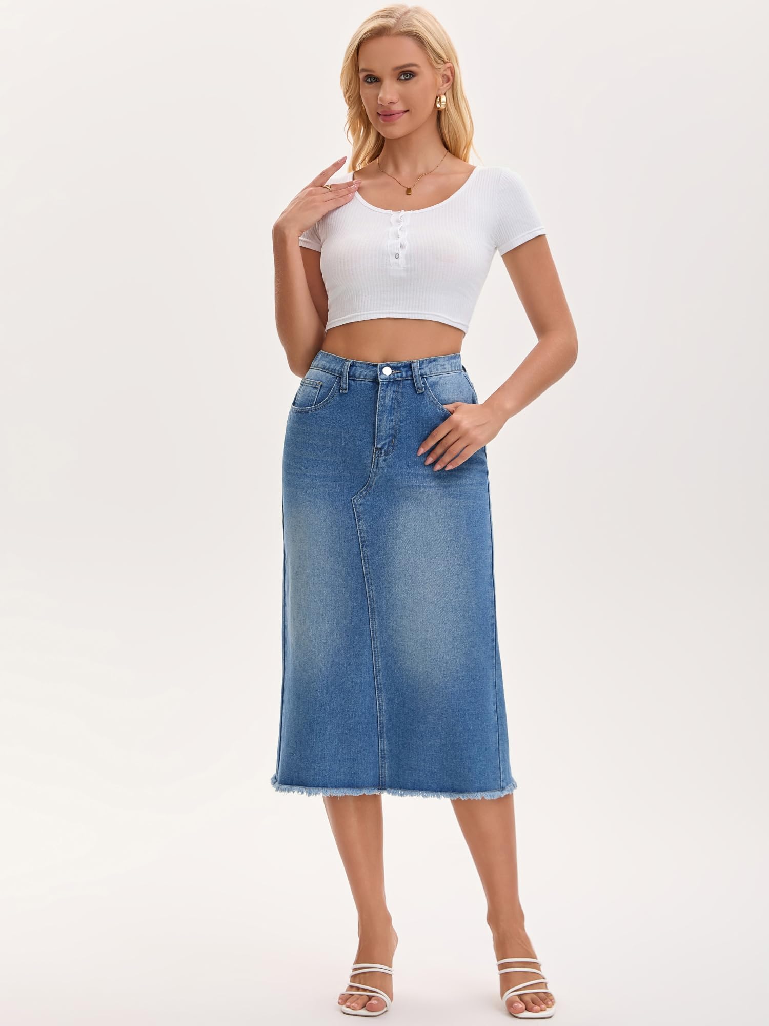 Femme Jupe Longue en Jean Taille Élastique Fente | Longueur Midi Fente Dos Taille Élastique Ourlet Effiloché Coupe Haute Poches Obliques