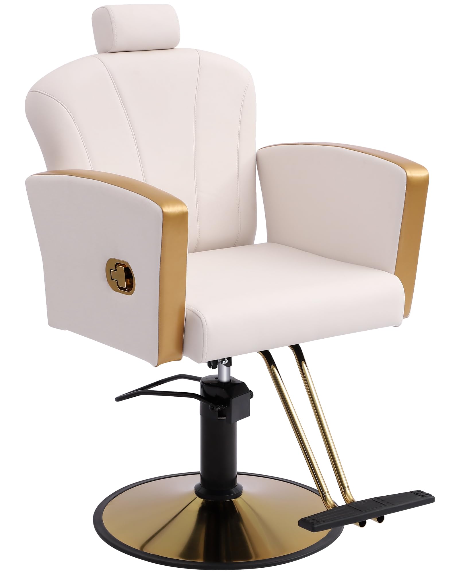 YOCONYO Barber Chair for Hair Stylist, Reclining Salon Chair, 360 Degree Swivel Barber Chair, Adjustable Hair Chair for Barbershop (White-Gold)