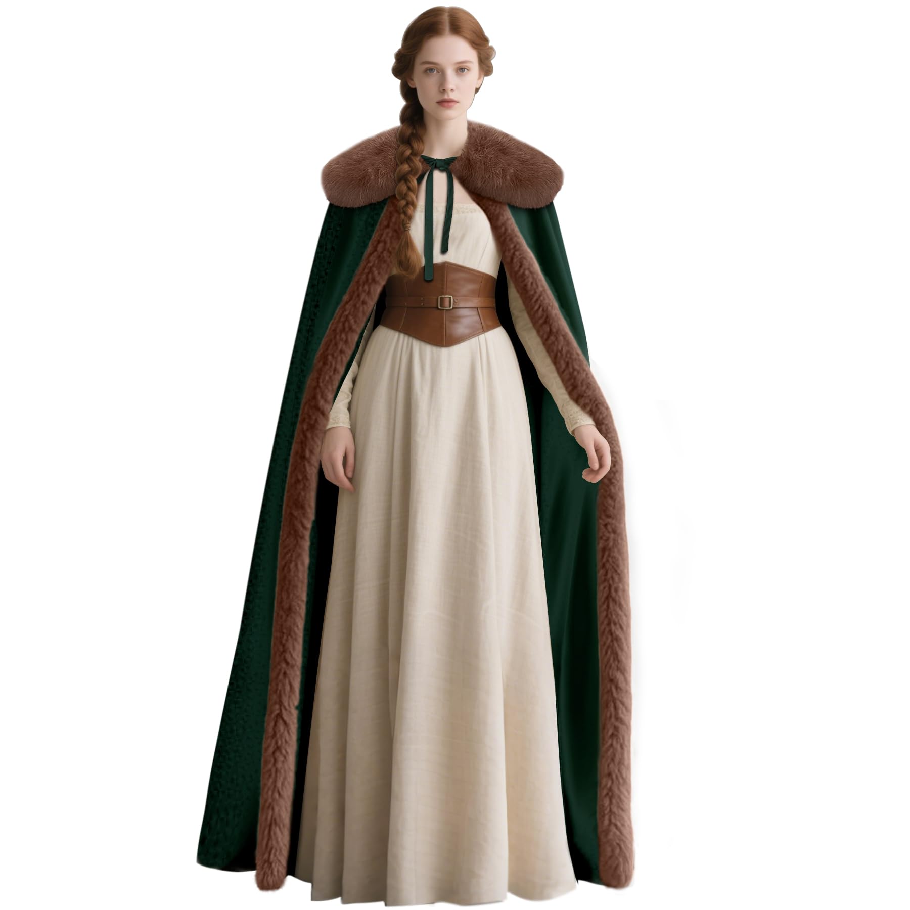 keland Renaissance Samt Umhang mit Wikinger Fell Kragen für Damen Halloween Kostüm (Grün )