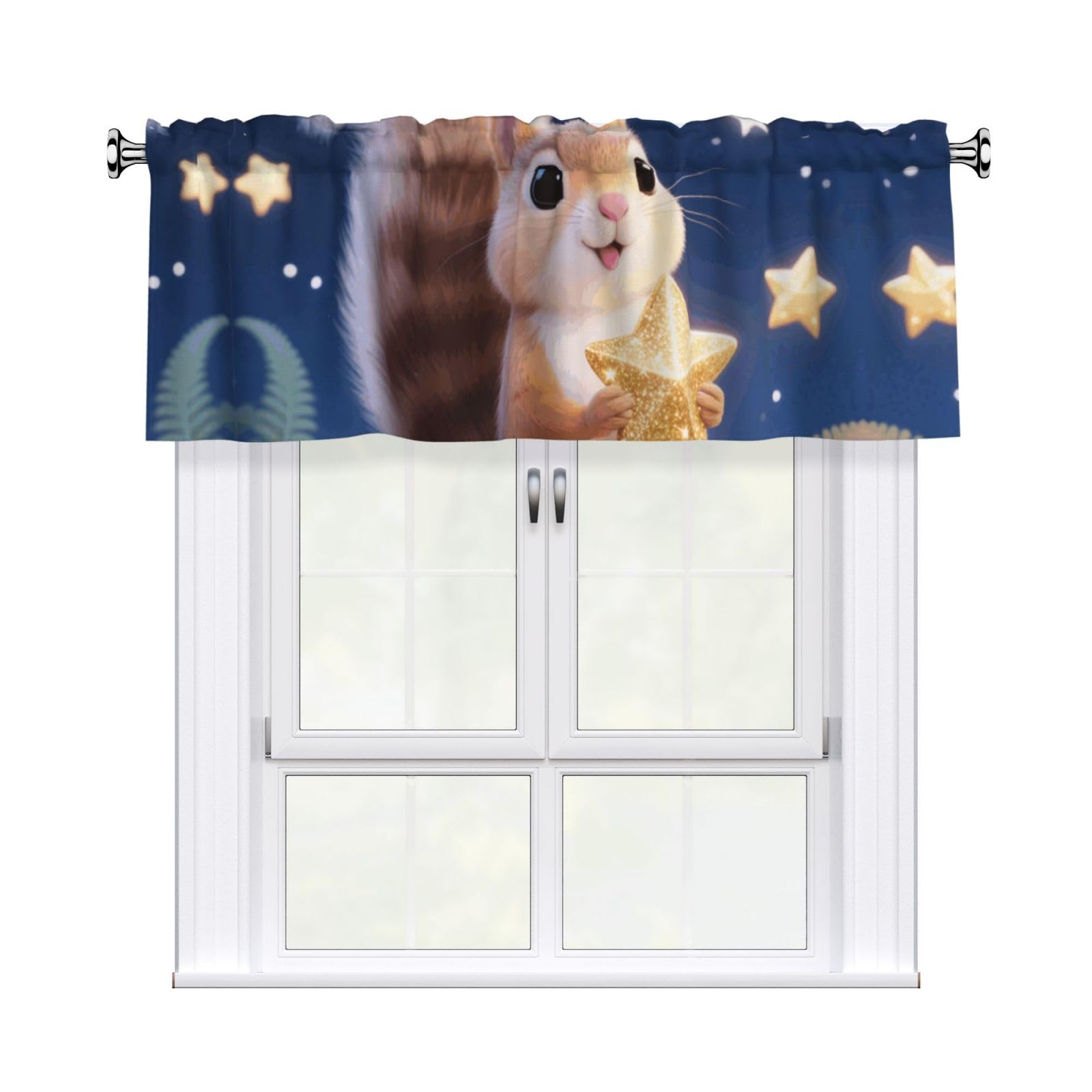 FekiLoot Cute Squirrel Star Curtain Valance for Windows, Kitchen Window Valances Rod Pocket Window Treatments Short Curtains Drapes for Bathroom Bedroom Cafe Decor 54x18inch 1 Panel