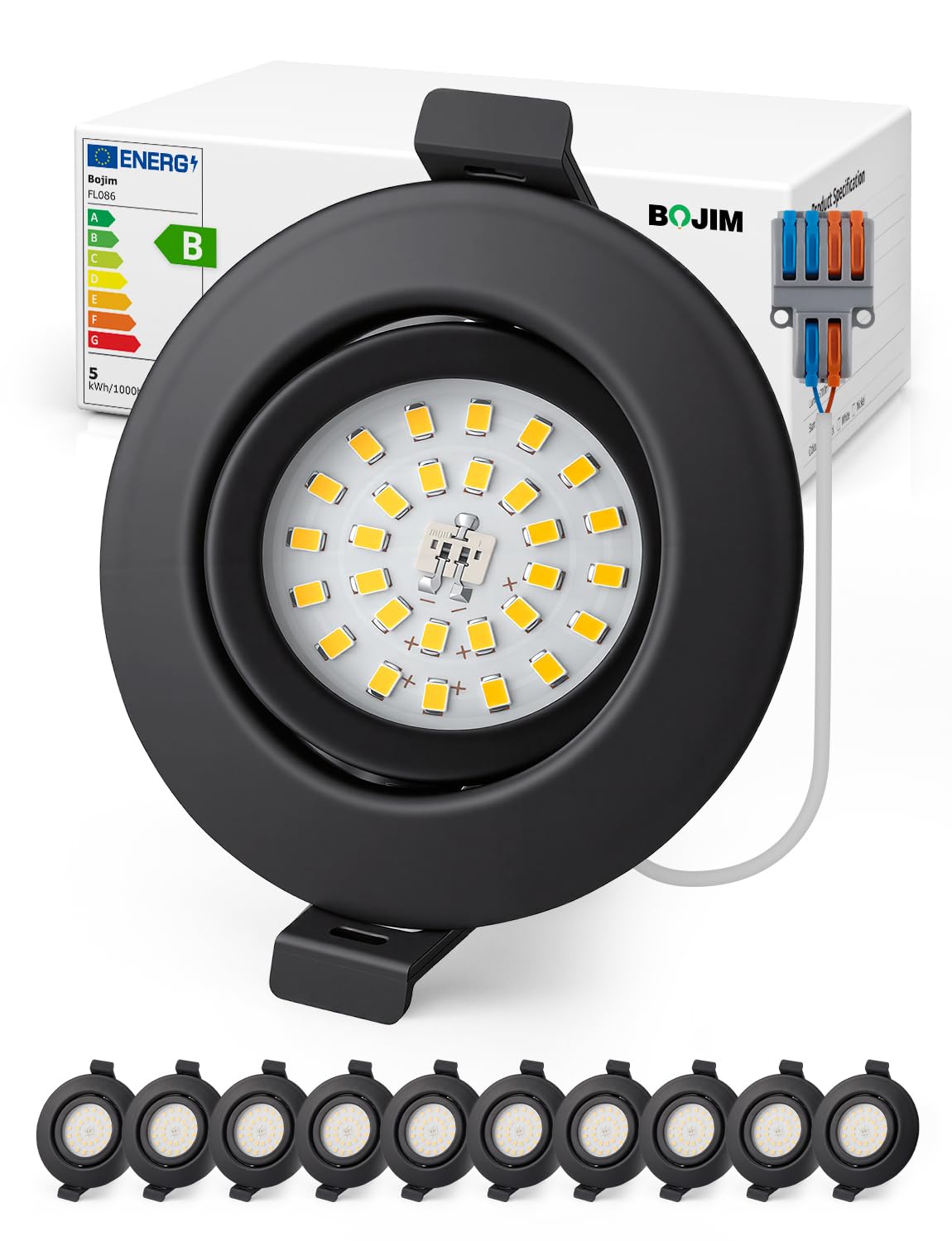 BOJIM Reflektor LED wpuszczany czarny, IP44, 4,7 W klasa energetyczna B, reflektory sufitowe 230 V otwór 68 mm - 80 mm, naturalna biel 4000 K, do łazienki, kuchni, salonu, sypialni, zestaw 10 sztuk