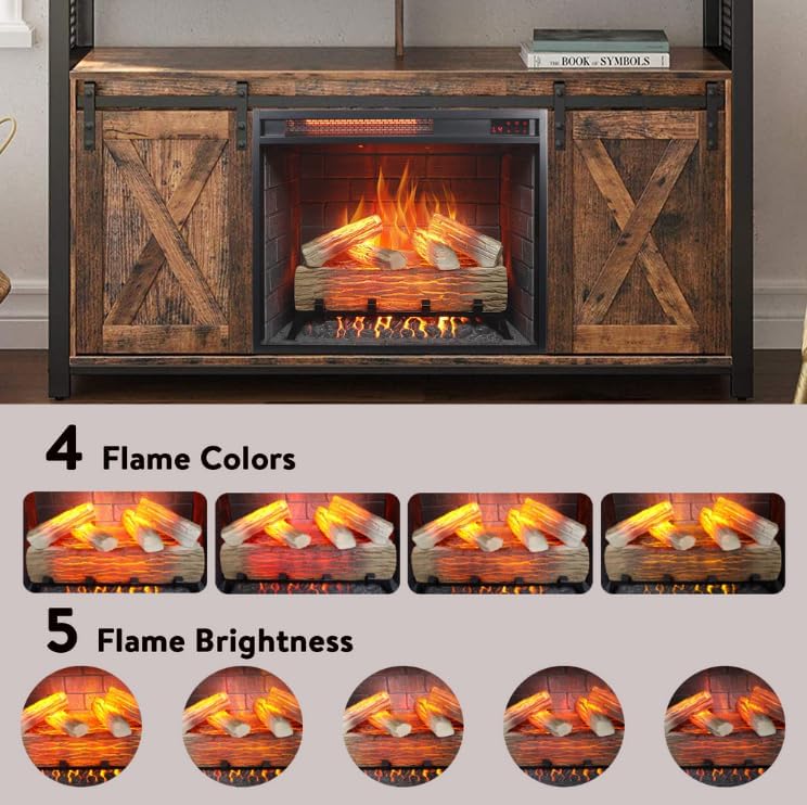 Image displaying various flame colors and brightness levels available on the electric fireplace.