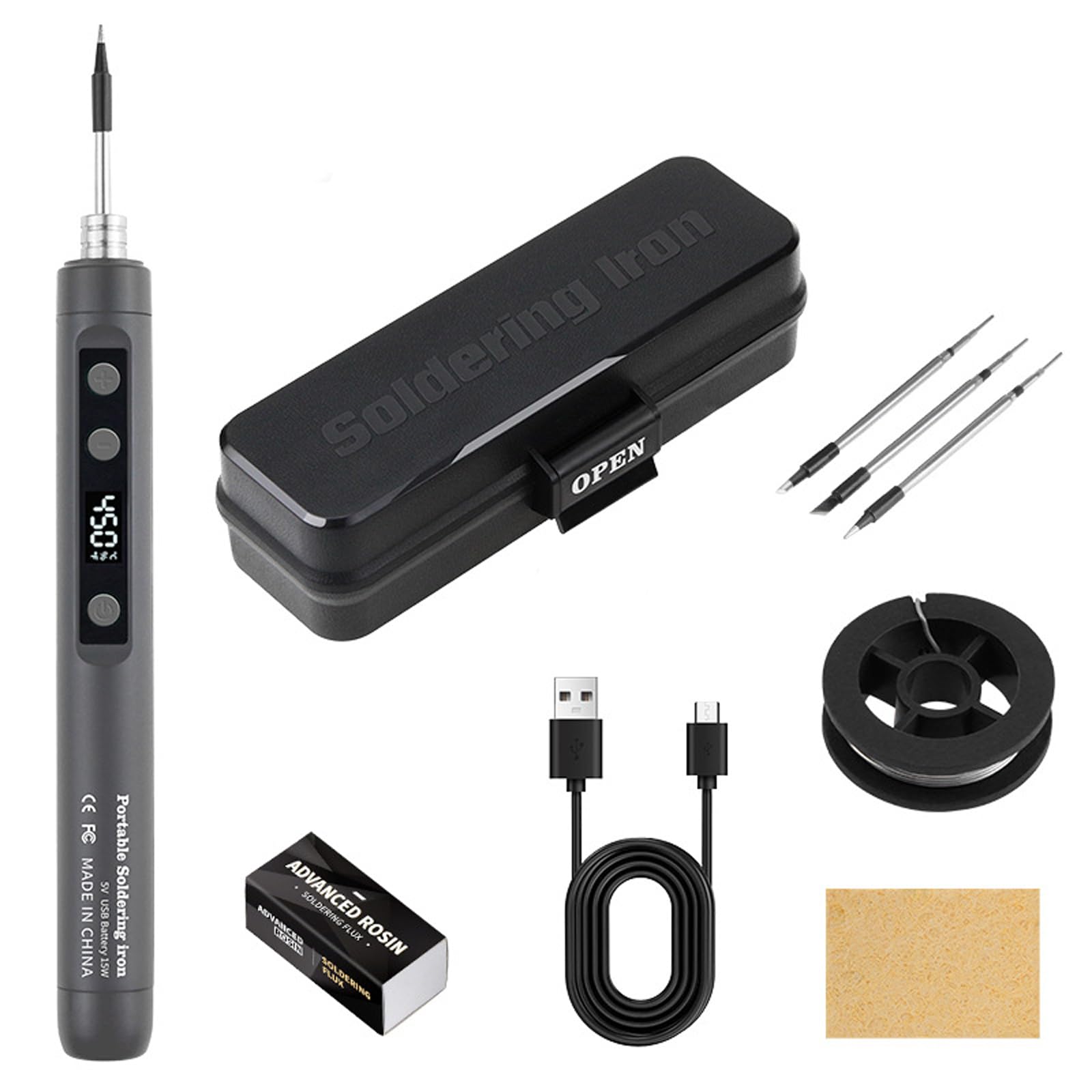 Kit de Soldador Inalámbrico, Soldador Estaño Inalámbrico, Soldador Portátil Recargable por USB con Pantalla LCD, Temperatura Ajustable, 3 Puntos de Soldadura, Pasta y Alambre de Soldadura