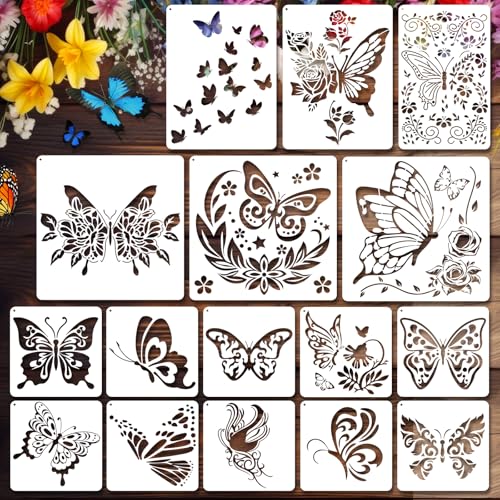 JSRQT 16 Piezas Plantillas de Mariposas para Pintar, Plástico Reutilizable Plantillas Mariposas de Varios Tamaños para Manualidades, Kit de Pintura Dibujo para Lienzo Madera Pared Muebles Decoración