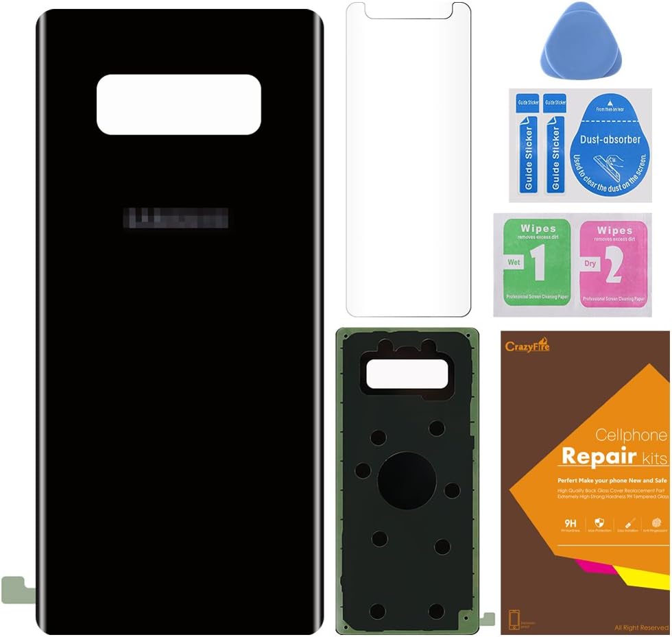 CrazyFire Compatible Samsung Galaxy Note 8 Rear Back Glass Cover Battery Door Replacement Cover with Adhesive Pre-installed and Tempered Screen Protector(Black)