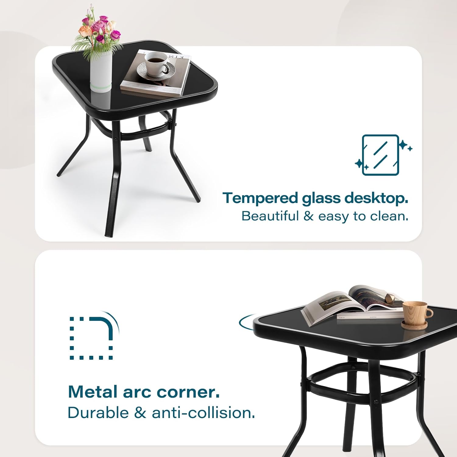 SOLAURA 3-Piece Outdoor Rocking Chairs Bistro Set, Black Iron Patio Furniture with Gray Thickened Cushion & Glass-Top Coffee Table