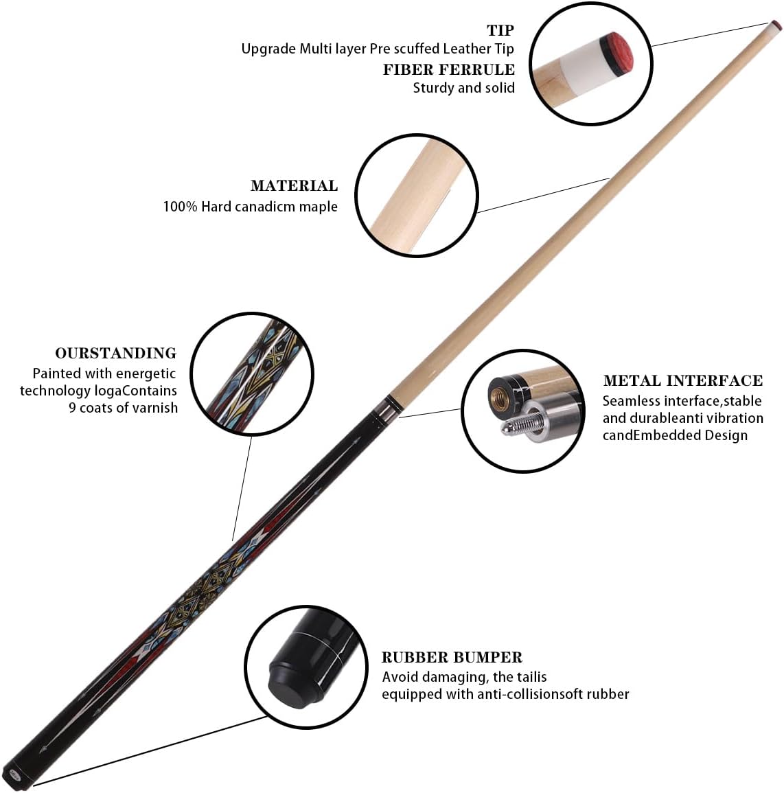 canadian maple pool cue stick, stainless steel 5/16" x 18 joint, 58 inch 13mm tip billiard pool cue stick, 19 20 oz, 2-piece pool cue stick for beginner, commercial home entertainment model d (19oz)