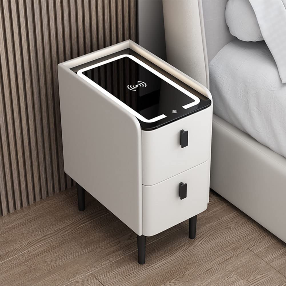 Smarter Nachttisch, Nachttische, intelligenter Nachttisch mit kabelloser Aufladung und 3-Farben-Licht, moderner, minimalistischer Nachttisch mit 2 Schubladen, Kleiner Seitenschrank für Wohnz