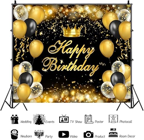 Miniatura 3 de Laeacco Telón de fondo de feliz cumpleaños de 10 x 8 pies, color negro y dorado, para fotografía de cumpleaños, globos con purpurina Bokeh,
