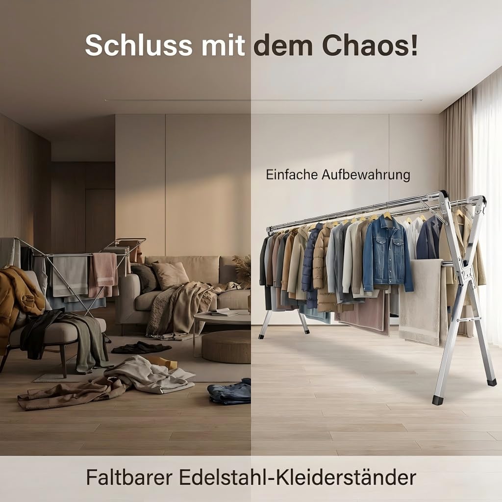 Wäscheständer aus Edelstahl klappbar, verstellbar 140–240 cm | Wäschetrockner Für Innen- und Außenbereiche, Jede Stange bis 60 kg belastbar, mit 40 Winddichte Kleiderhaken