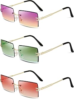 Weewooday Vintage Transparent Rimless Rectangle Sunglasses, 3 Pairs, Green, Red, Gradient Purple