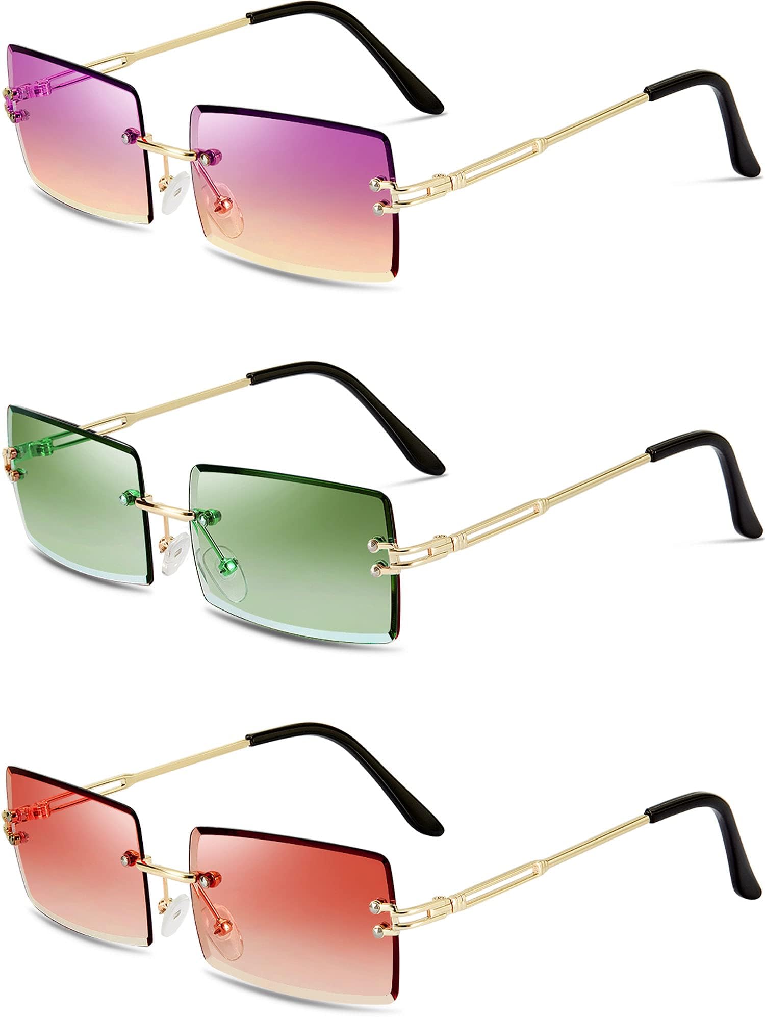 Weewooday 3 Pairs Rimless Rectangle Sunglasses Tinted Frameless Eyewear Vintage Transparent Rectangle Y2k
