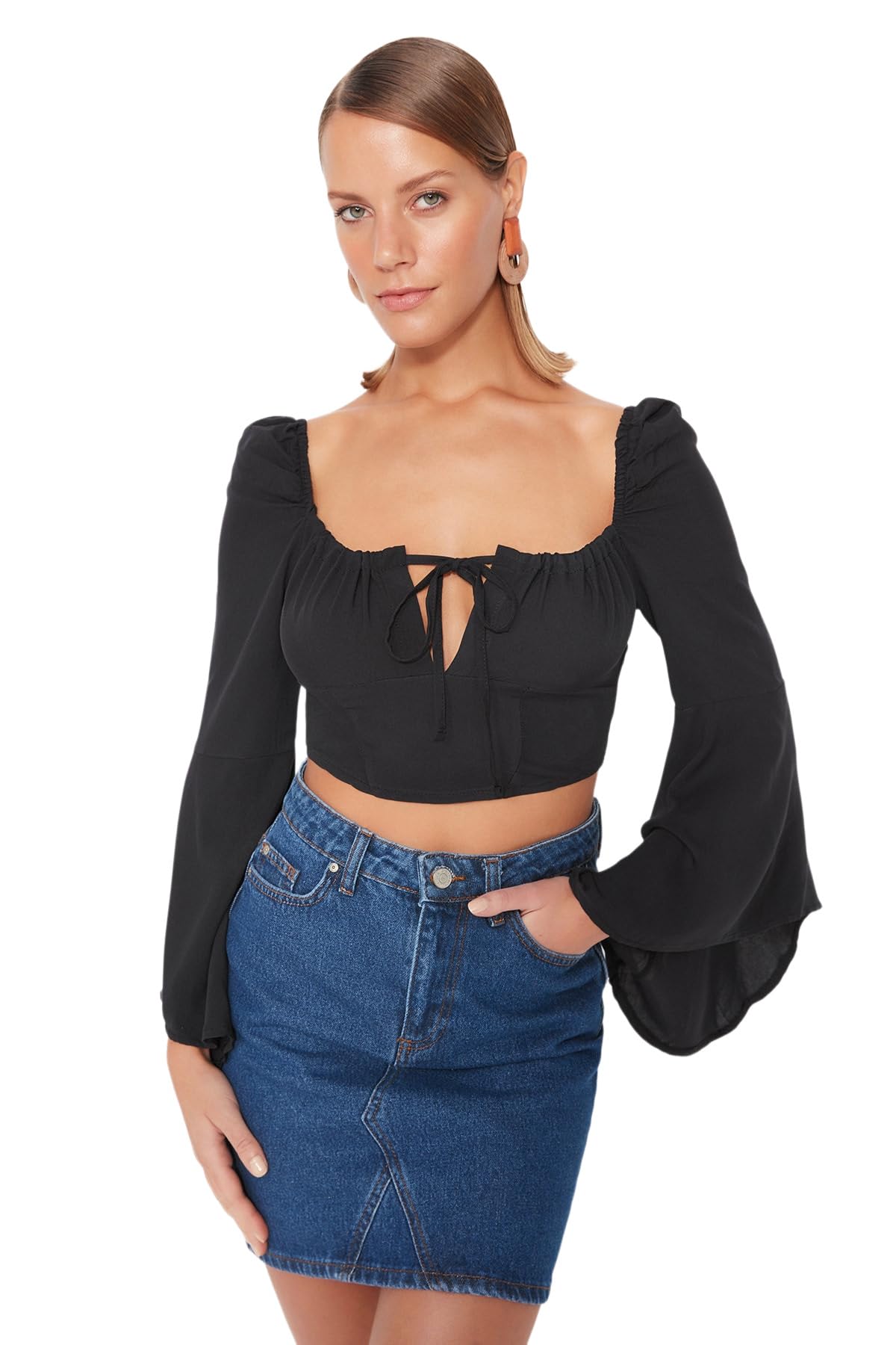Trendyol Women Fitted Basic Sweetheart Woven Blouse,Black,40