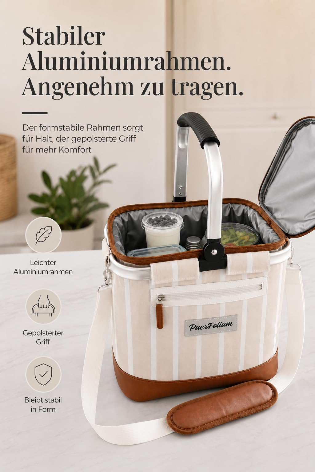 Kühltasche Einkaufskorb Kühlkorb 20L Faltbar Isoliert Thermo mit Deckel Reißverschluss Abnehmbarer Picknickkorb Aluminiumrahmen Thermokorb Schultergurt verstärkt für Einkauf Picknick Beige