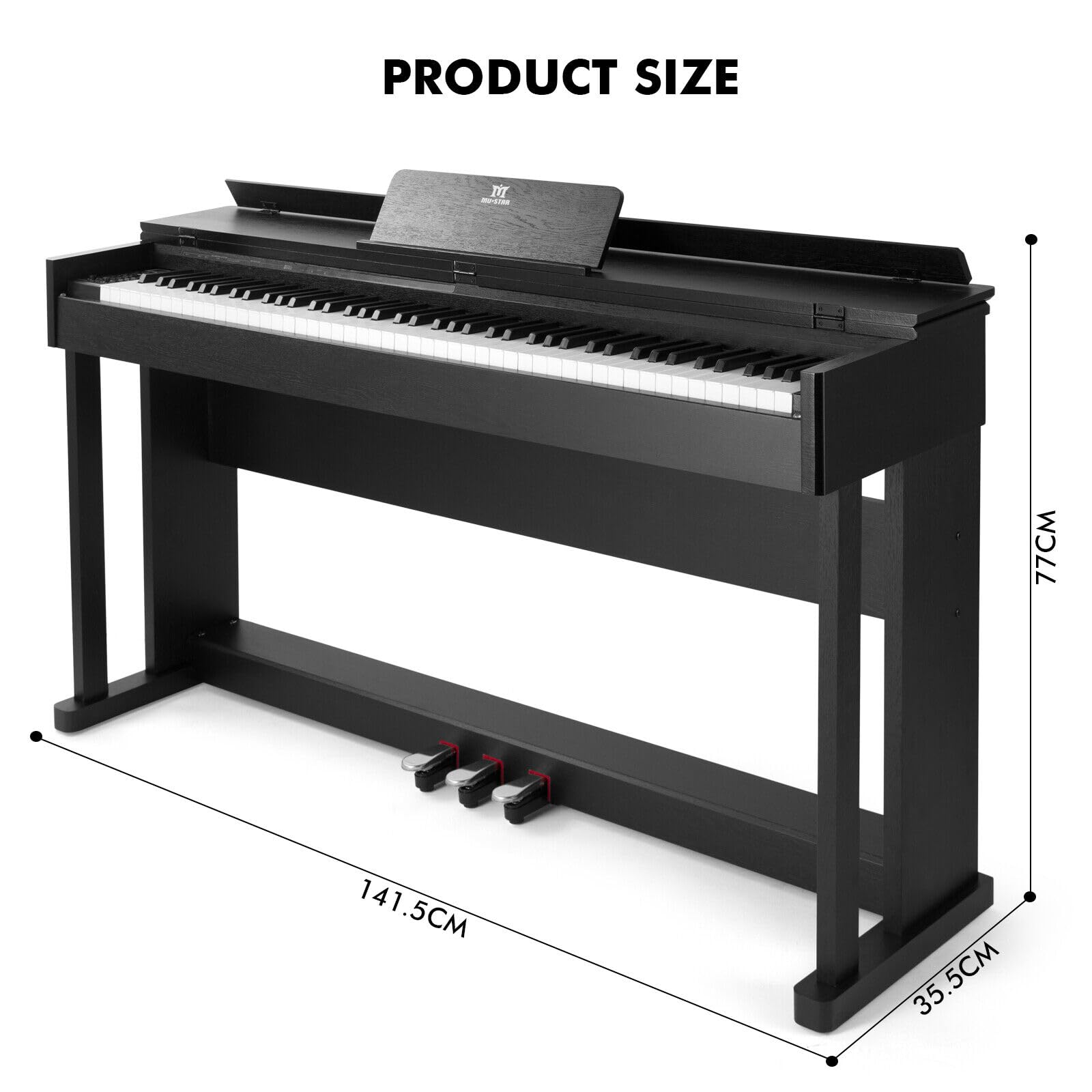 MUSTAR Digital Piano 88 Tasten mit Klavierhocker, E Piano Schwarz mit Hammermechanik, E-Klavier mit 3 Pedale Adapter, 2 Kopfhöreranschluss, Duales Kontrollsystem, USB/MIDI, Klassisch professionell