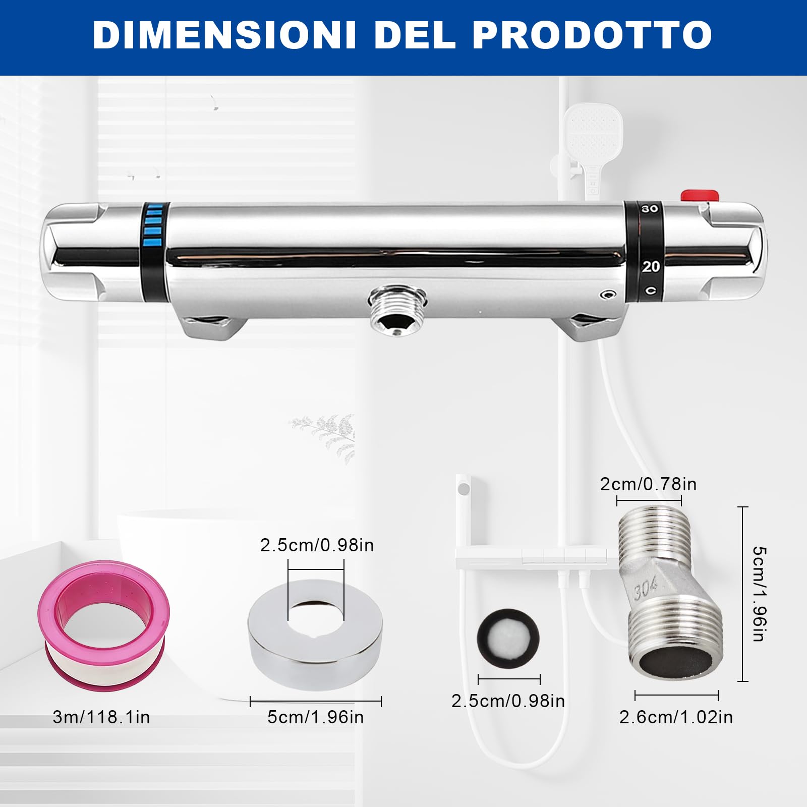 Miscelatore Doccia, Miscelatore Termostatico Doccia con Blocco di Sicurezza a 38°, Moderno Rubinetto Termostatico per Bagno Vasca, Ottone Cromato