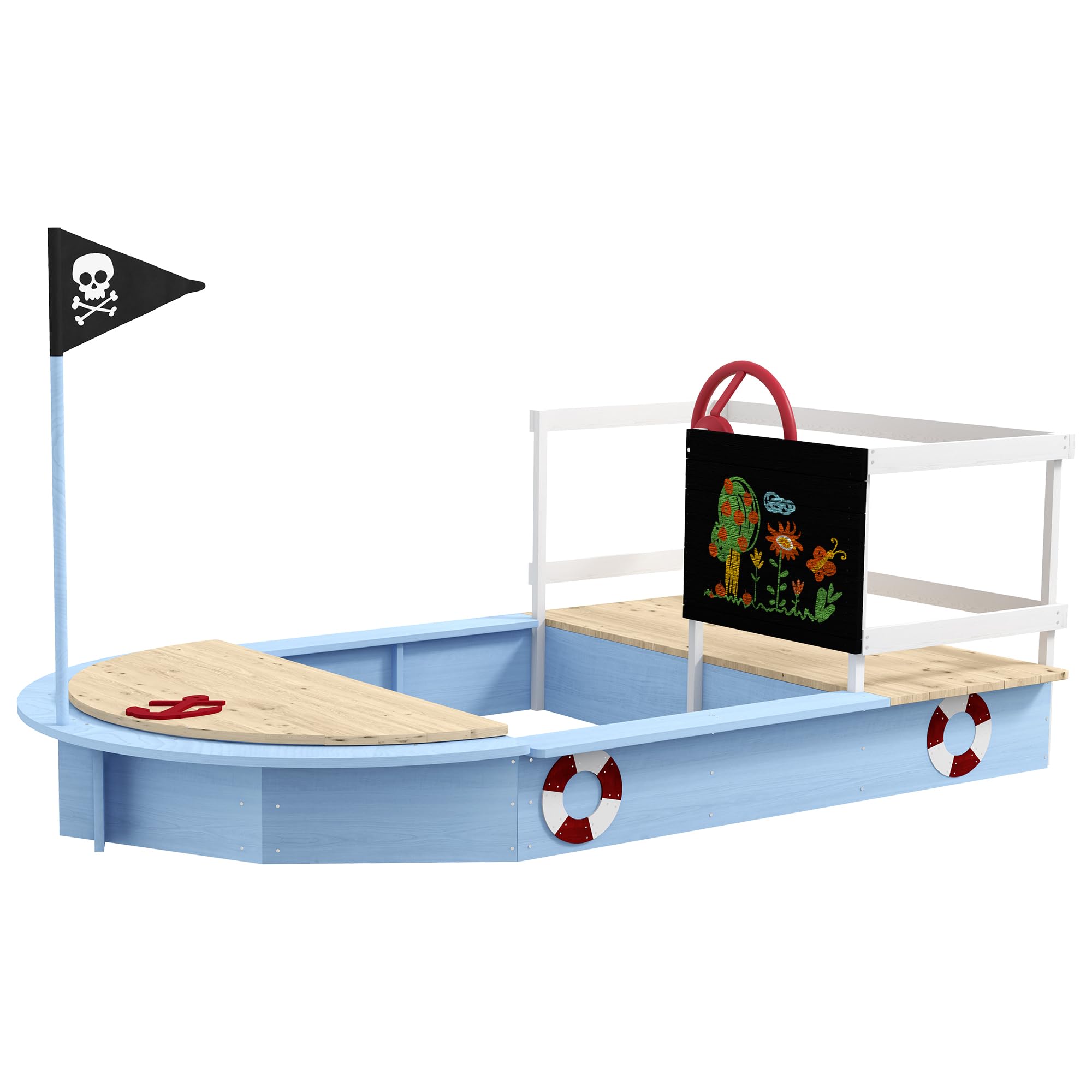 Outsunny Kids Wooden Sandbox, Pirate Ship Sand Pit with Flag, Blackboard, Rudder, Anchor Sign, Storage Deck for Backyard Garden, Gift for Age 3-7 Years, 68" x 44" x 39", BlueThe Forest Stewardship Council