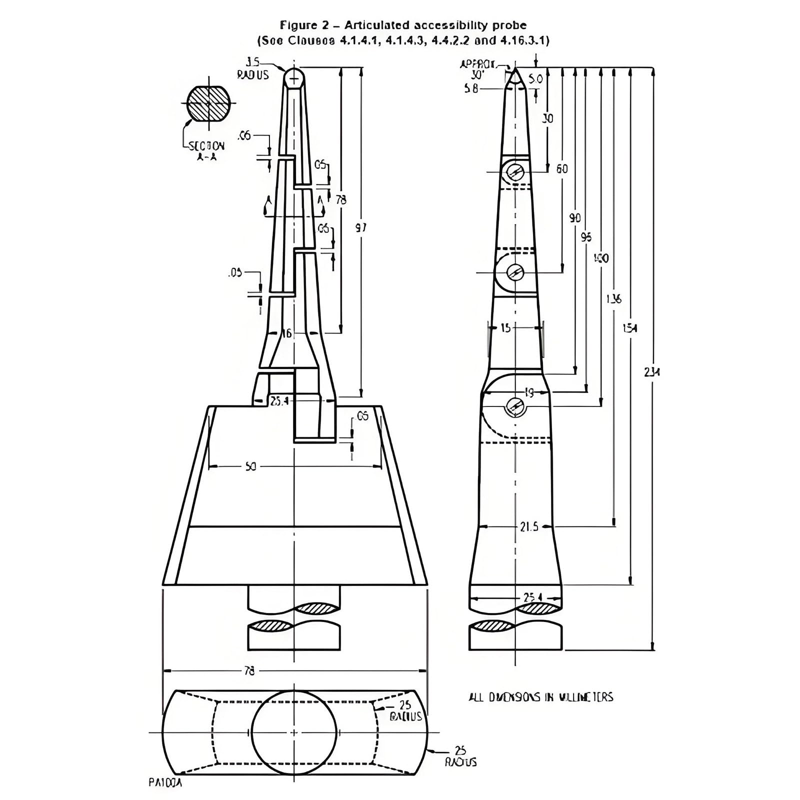 Biege-Test-Fingersonde, Gelenkiges 3,5 mm Scharnier-Design, 97 mm gebogen, elektrischer Schlagschutz, simuliert Fingerkontakt für industrielle elektrische Labortests
