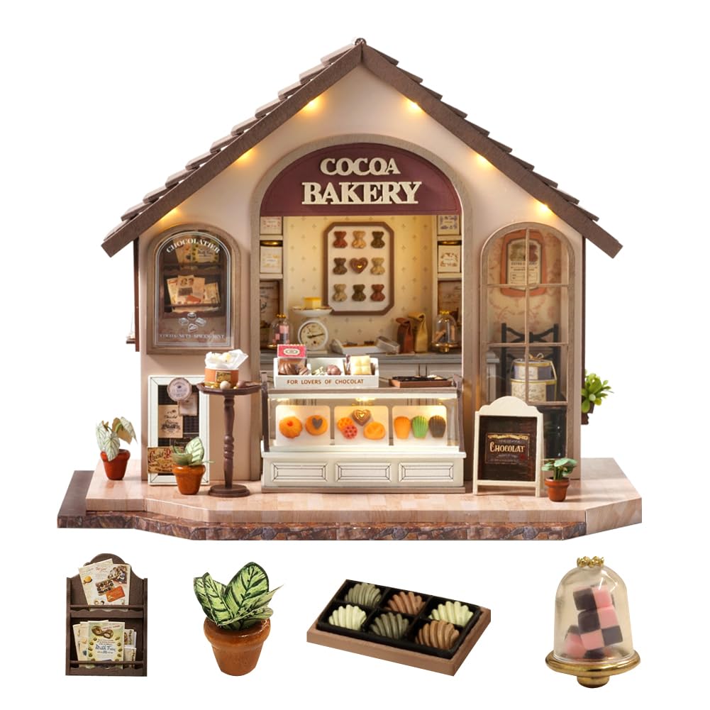1:24 Scale Mini Store House Puzzel Model, DIY Dollhouse Miniature Furniture Kit with LED Light Creative Room Adults Kid Boy Girl Birthday (Bakery Shop)