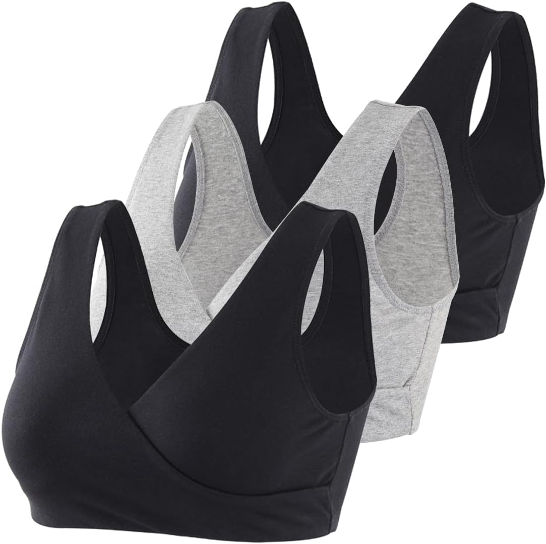 MANCI Katoenen dagelijkse beha met kanten versiering en verstelbare bandjes, zwangerschapsbeha voor borstvoeding, slaap en dagelijks comfort, zwart, grijs en wit., XL