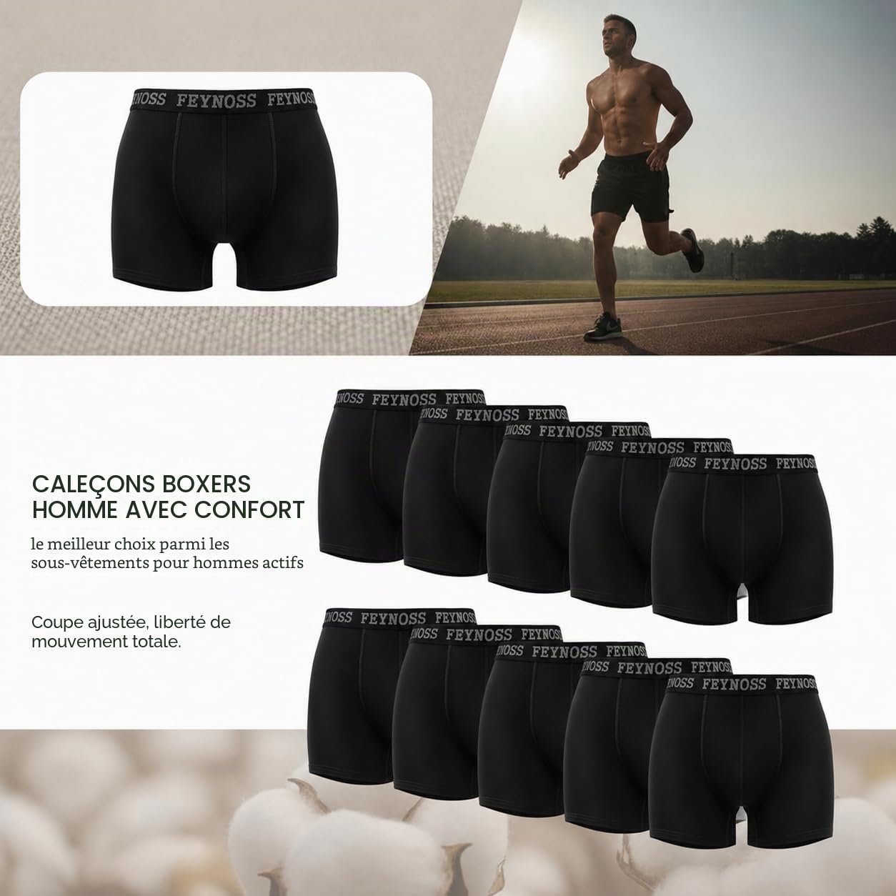 Boxer Homme Lot de 10 en Coton – sous-vêtements Homme Respirants sans Étiquette, Boxers Confortables avec Taille Élastique, Culotte Homme Douce pour Sport, Travail & Quotidien