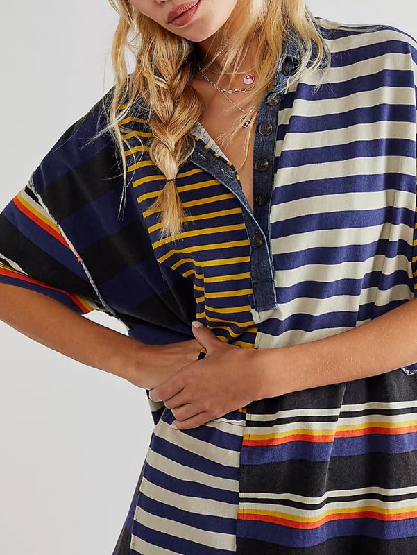 Image of NUFIWI Y2K Striped Shirt Mini Dress for Women Oversized Stripe Tunic Tshirt Dresses Short Sleeve Buttons Loose Fit Tee Dress