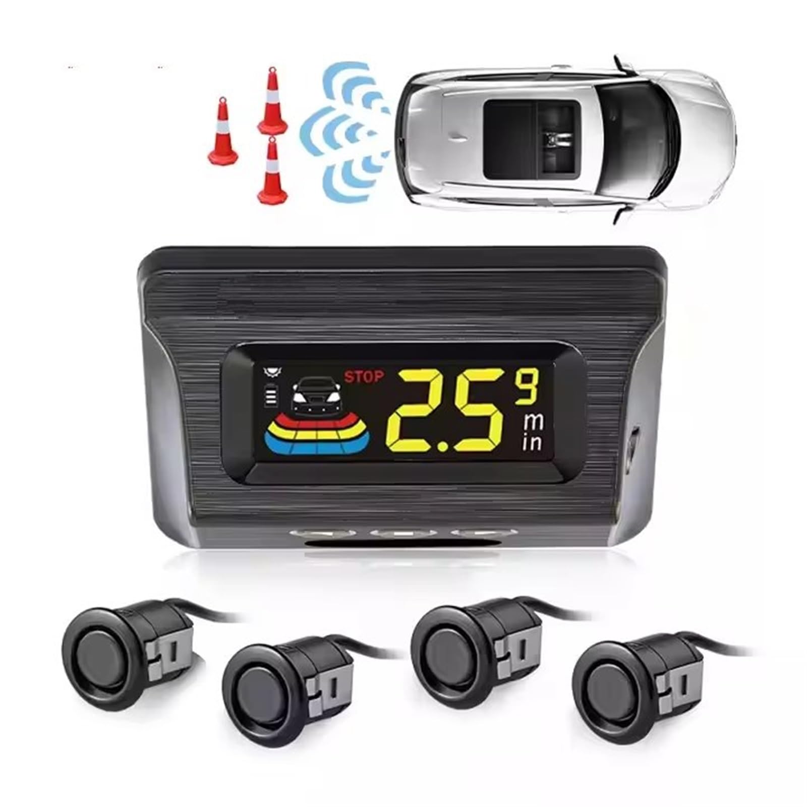 Sensor Estacionamiento Radar Inalámbrico De Aparcamiento para Coche con 4 Sensores, Pantalla LCD Inversa, Detector De Monitor Parktronic para Coche, 22MM