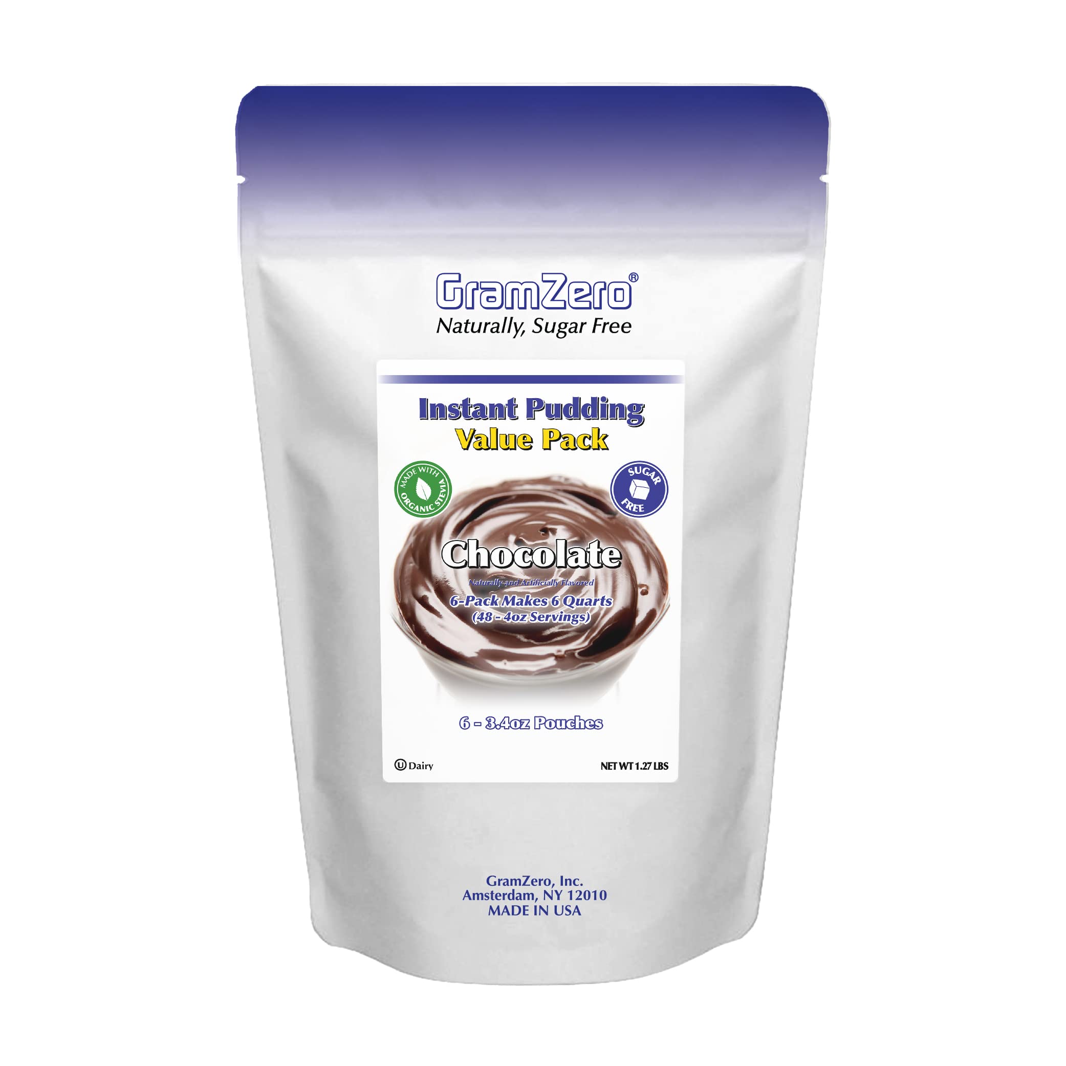 GramZero Chocolate Sugar Free Pudding Mix 6-Pack, Great For Nutrition Club Meal Replacement Shakes, Low Calorie Dessert, Stevia Sweetened