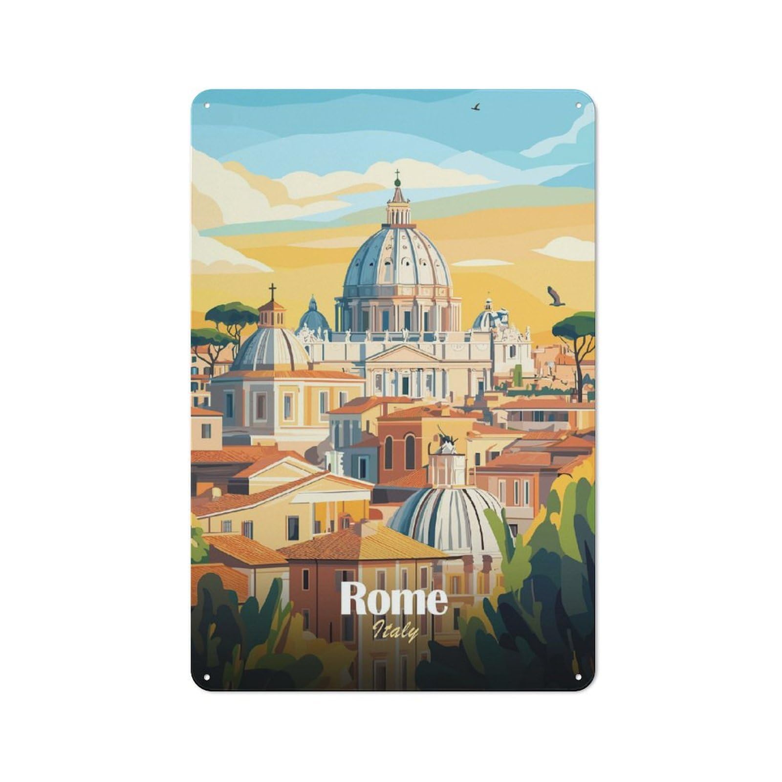 Junmoney Style-17 For Kitchen Or Home Bar, Rome Cityscape Illustration Rustic Metal Wall Sign 30X20cm, For Winter Room Styling In Kitchen And Home Bar