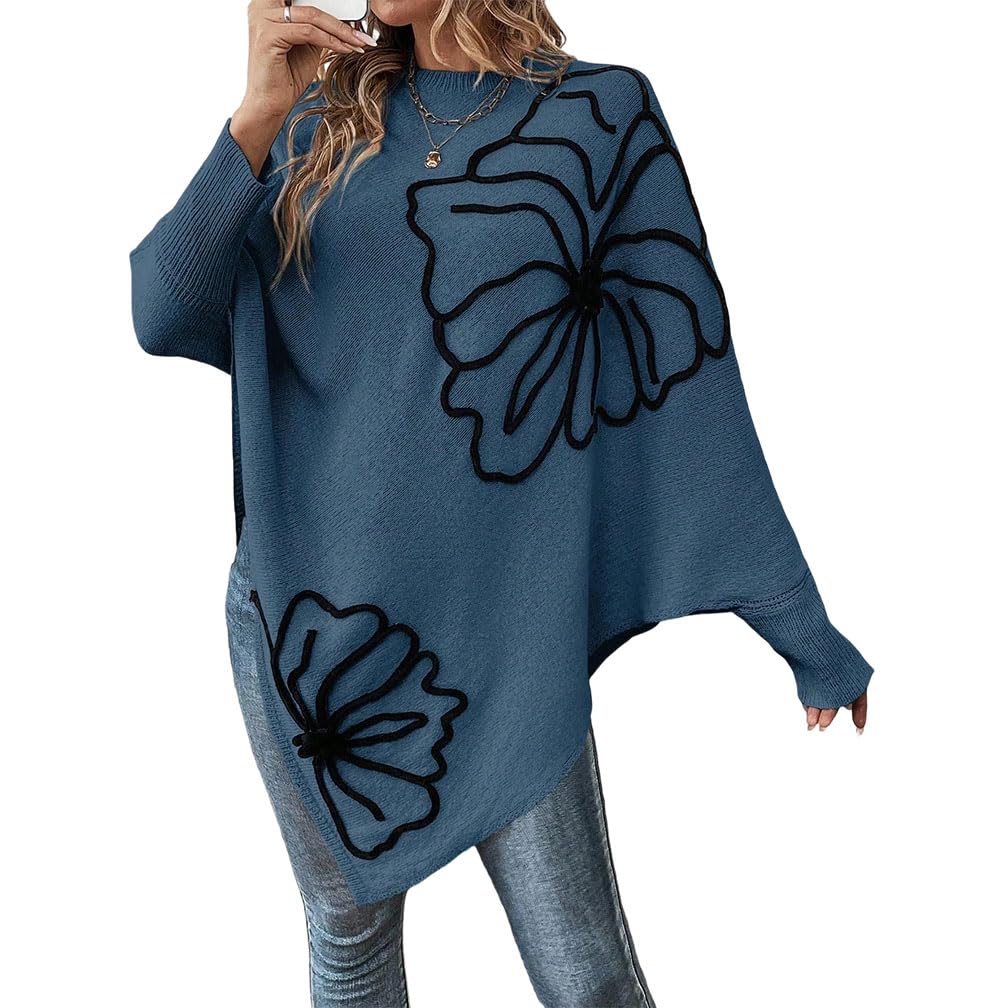 Women 3D Floral Mock Neck Batwing Sleeve Knit Poncho Sweater Loose Drop Shoulder Asymmetric Hem Pullover Sweaters