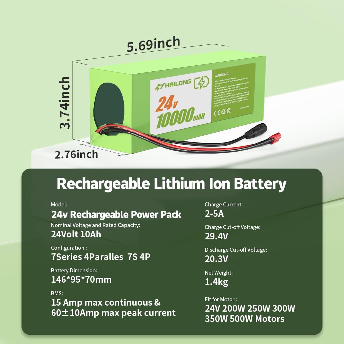 24V 10Ah Universal Power Pack Rechargeable Battery with 29.4V 2A Adapter |15A BMS & Waterproof Design(200-500W Systems)
