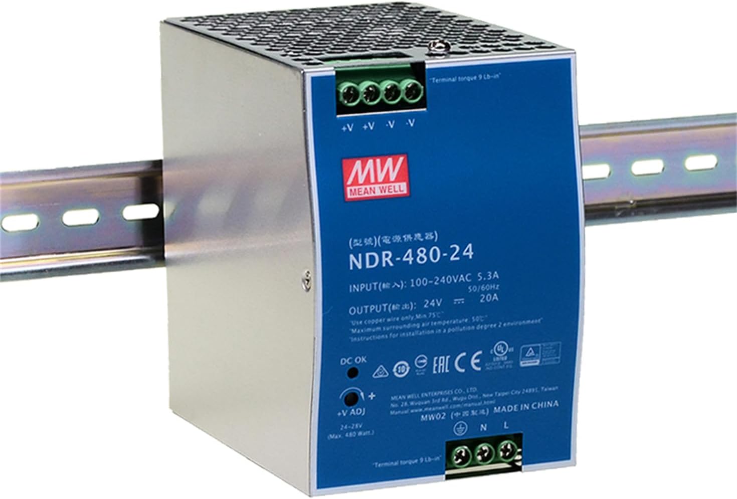 NDR-480-24 DIN Rail Power Supply 24V 20A 480W, High-Power, Slim, UL508 Listed, for Industrial Automation & Control