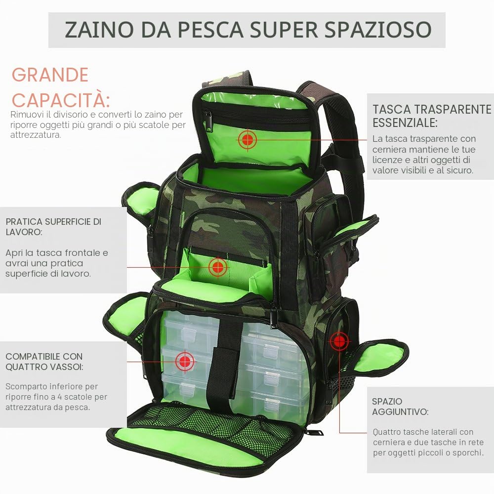 Lixada Zaino da Pesca con 4 Scatole - Borsa di Immagazzinaggio per Attrezzatura da Pesca