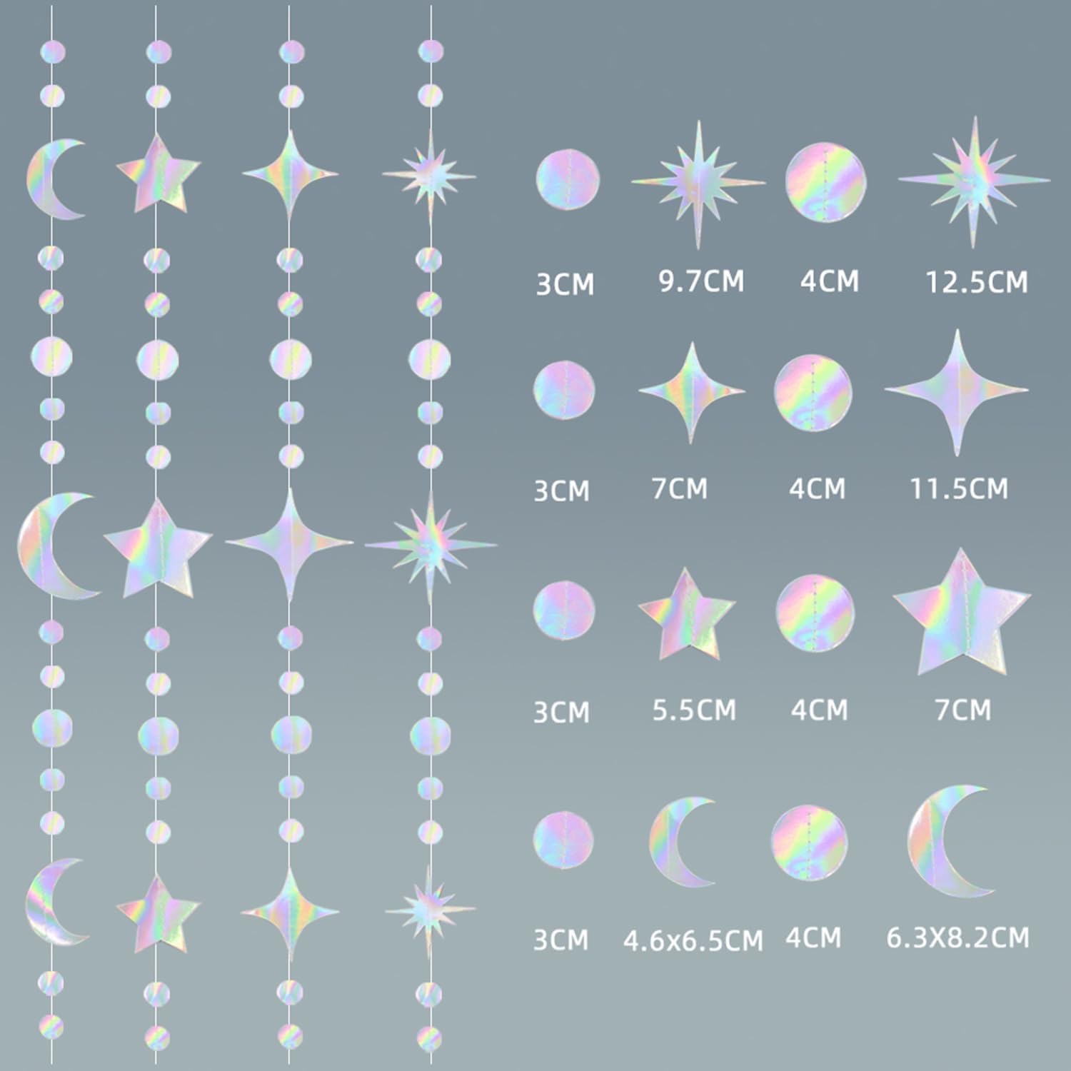 4 Pack Multi Iridescent Party Garland Star&Moon Holographic Party Supplies Kit Iridescent Circle Dot Shiny Streamers Birthday Wedding Hanging Decor DIY Backdrop Bridal Bachelorette Ramadan EID Decor