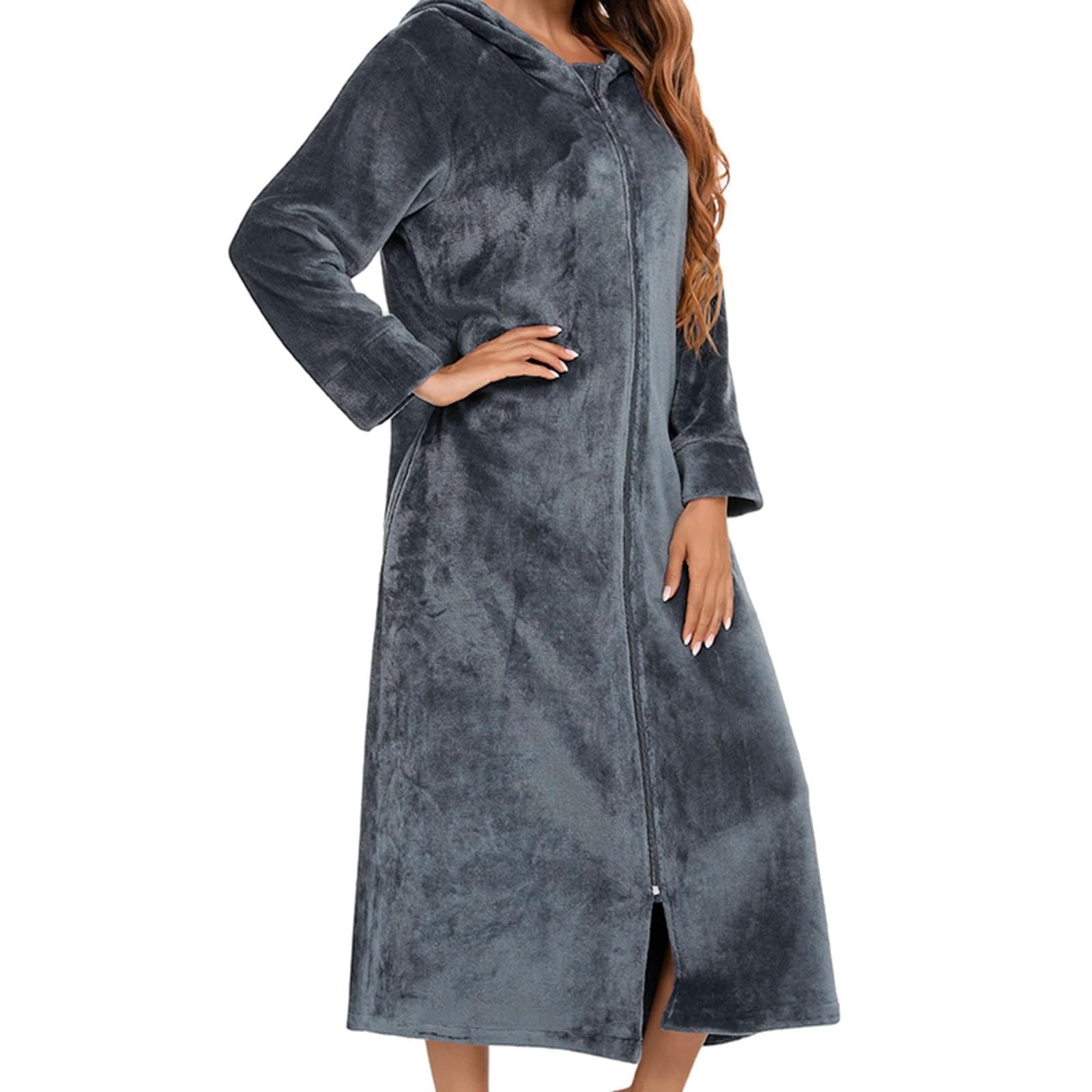Generisch Peignoir en flanelle à manches longues avec fermeture éclair pour femme, vêtement de nuit chaud pour l'hiver (gris, XXL)