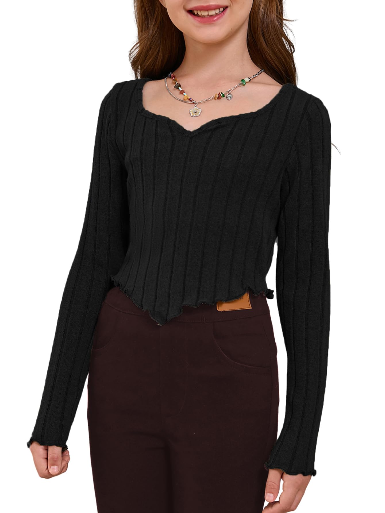 SOLY HUX Girl's Long Sleeve Cute Crop Tops Sweetheart Neck Asymmetrical Tight T Shirts Fitted Tees