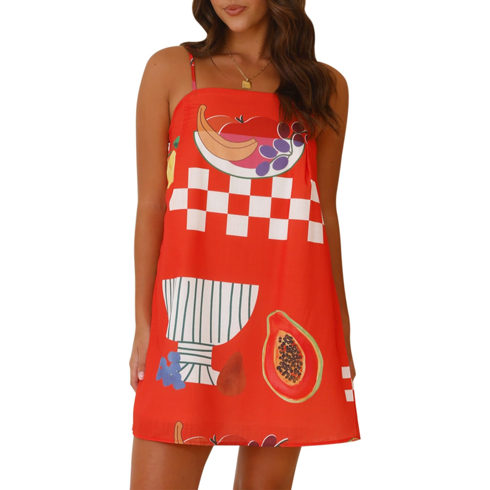 YILEEGOO Women Spaghetti Strap Boho Cami Dress Square Neck Backless Graphic Print Summer Tunic Short Mini Dress Sundress (Red, S) — image 1