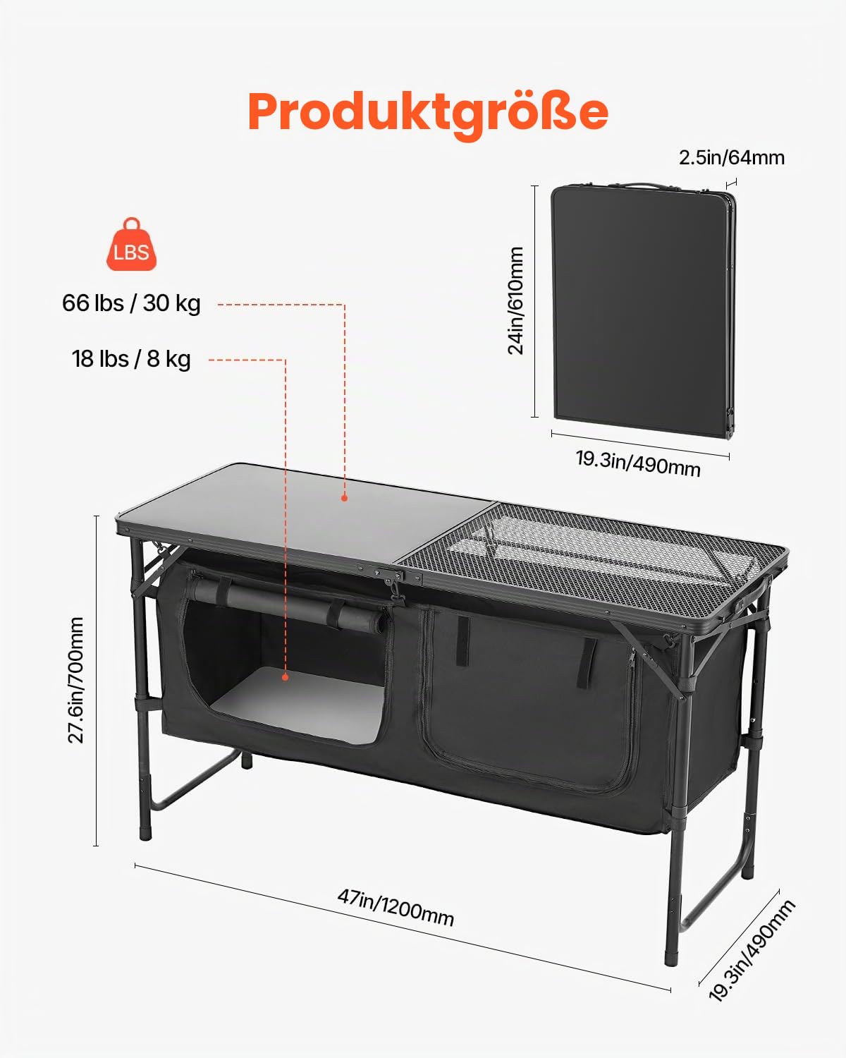 VEVOR Camping Küchentisch klappbarer Kochtisch Outdoor, 3-Fach höhenverstellbar, Aluminium, Organizer, Tragegriff, Schwarz