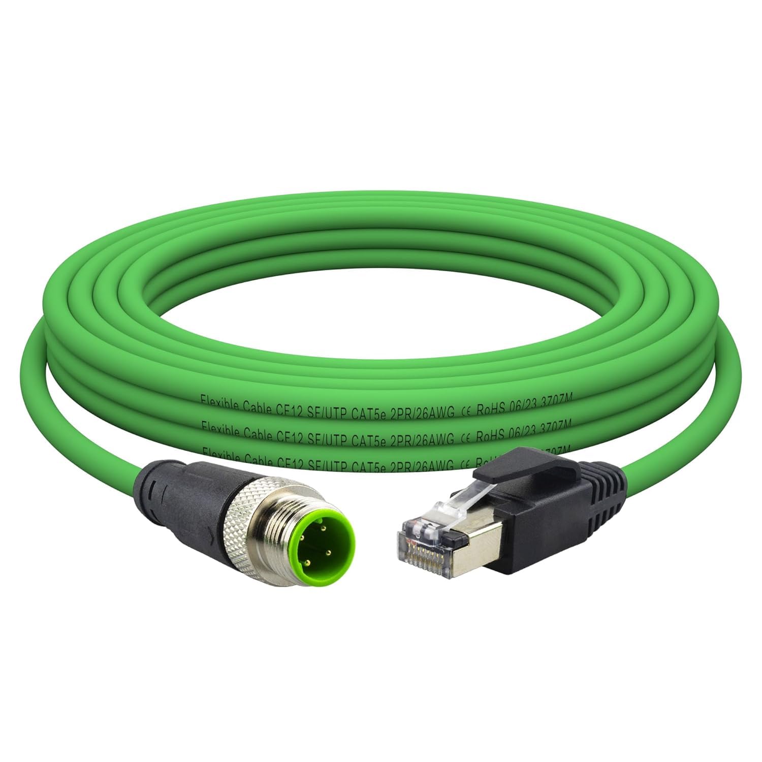 M12 Cavo D-code Maschio a 4 poli su Cavo Ethernet RJ45, CAT5E 26AWG IP67, Impermeabile, Doppia Schermatura, Cavo di Rete High Flex per Automazione Industriale AWG26, 3 m, Verde