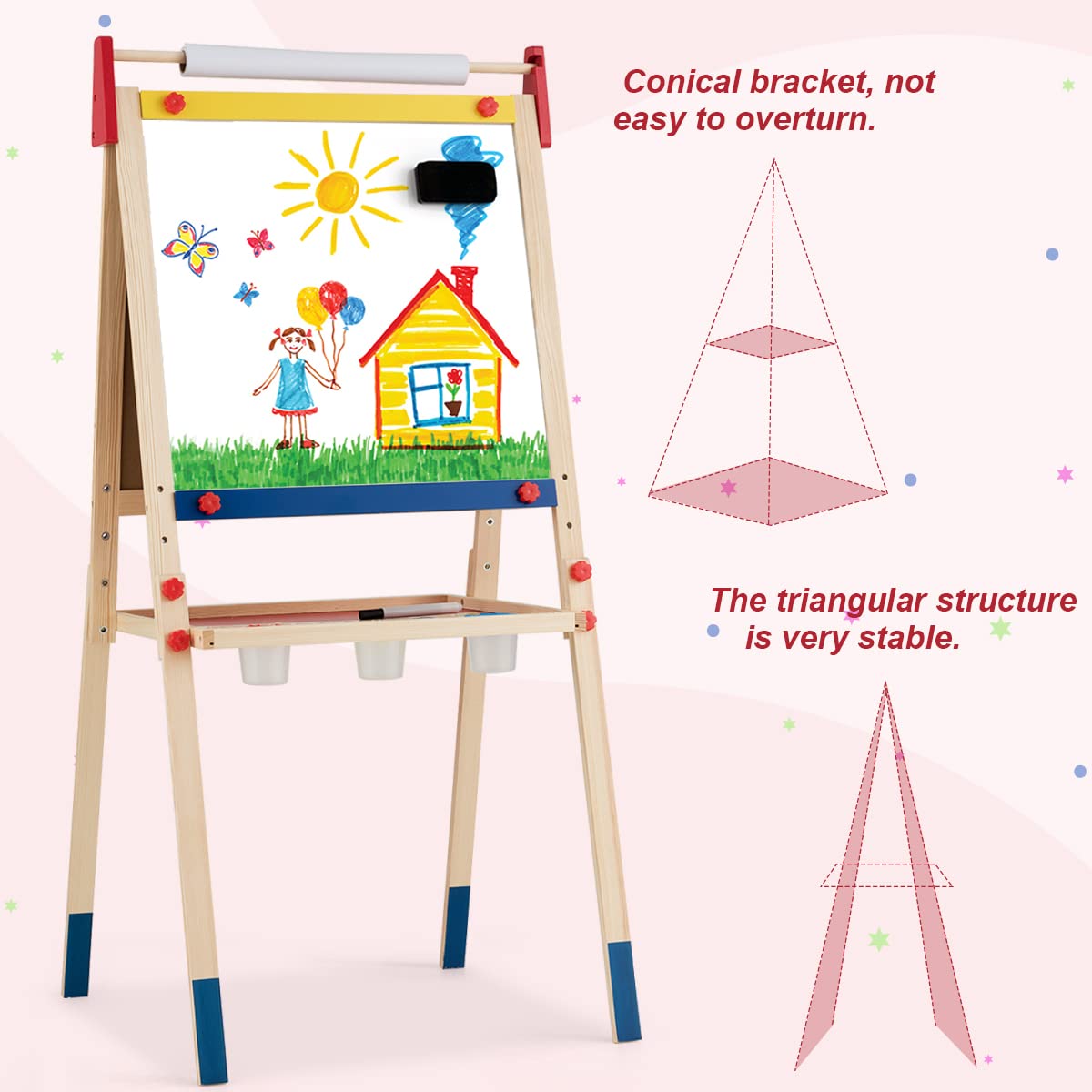 LIFEZEAL Caballete infantil 2 en 1, Pizarra Infantil caballete para niños, Caballete de pie con doble cara con rollo de papel, caballete de madera de altura ajustable con bandeje de almacenamiento