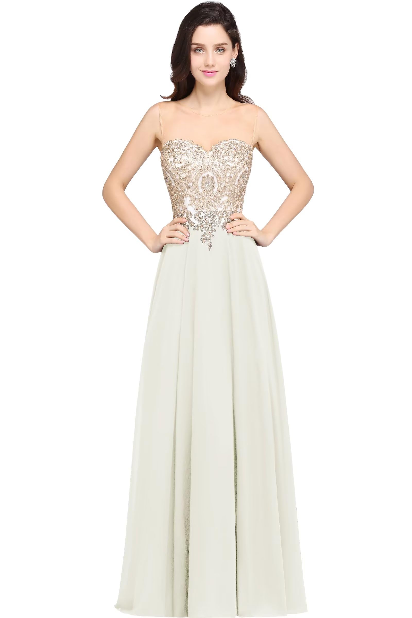 Misshow Robe de Soiree Femme Chic et Glamour Longue Robe de Mariée Ivoire Blanche 38