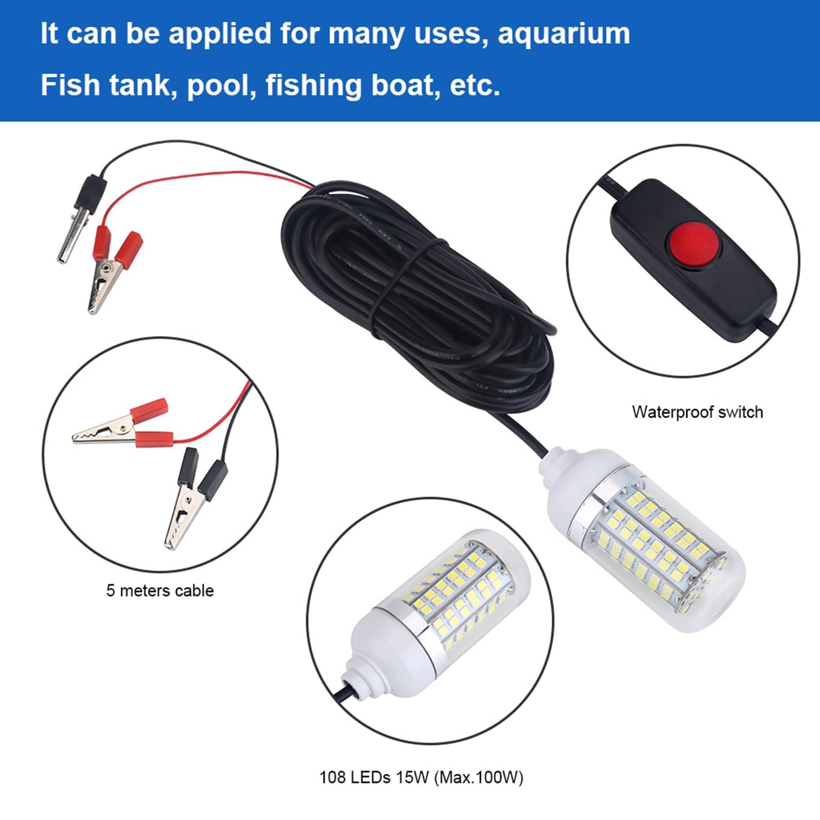 Lampada da Pesca Notturna Subacquea a LED da 12 V per Esterni, per gamberetti, Calamari, Pesci Gatto (Blu) (Illuminazione Bianca)